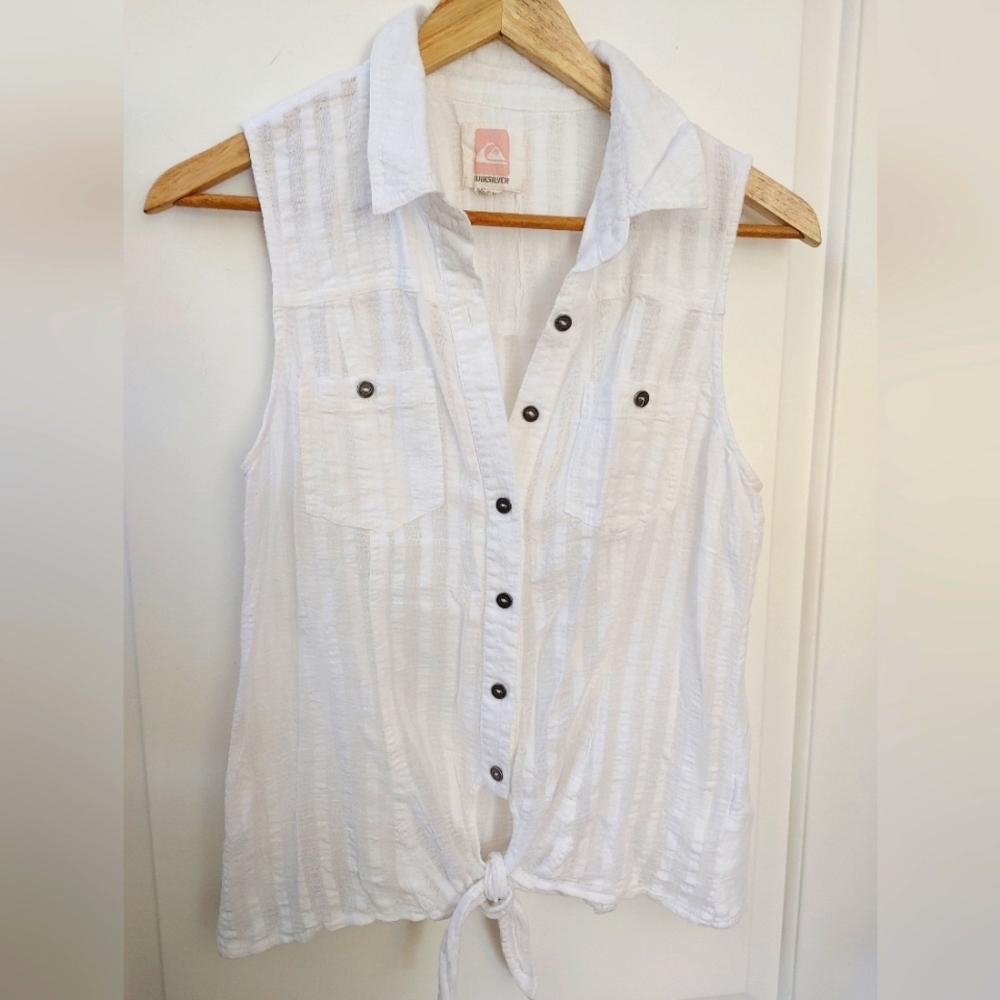 🩷Quiksilver White Striped Sleeveless Sheer Tie Top ~ Size XS